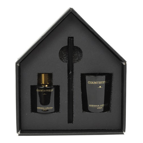 Geschenkbox Urban – Duftstäbchen & Kerze schwarz, rot und kupfer